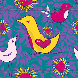 Seamless pattern with birds and sun flowers on - vector clipart