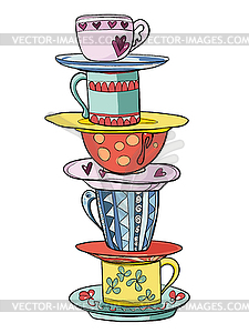 Stack of bright colored funny cups and saucers - vector image