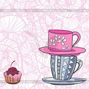 Two cups with patterns and cupcake with cherry - vector clip art