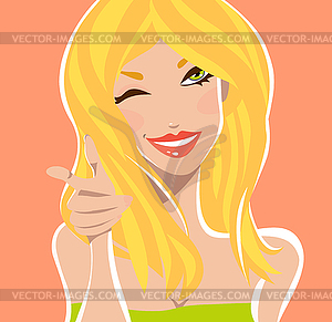 Smiley wink blonde in green to coral background - royalty-free vector clipart