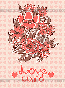 Card with flowers and love hearts on pink backgroun - vector image