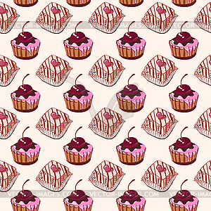 Seamless pattern with sweet cakes and cupcakes - vector clipart