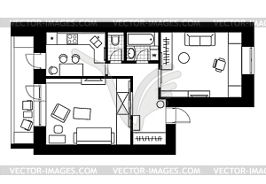 Drawing plan interior of apartment with one bedroom - vector clip art