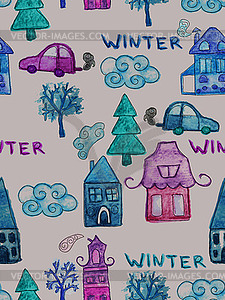 Seamless Pattern with Watercolor Winter Houses - vector clipart