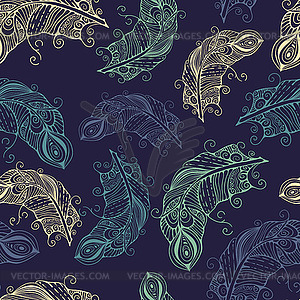 Seamless pattern with hand-drawn feathers - vector image