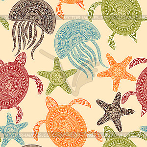 Seamless Pattern with Turtles, Starfishes, and - vector image