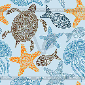 Seamless Pattern with turtles, starfishes, and - vector clipart / vector image