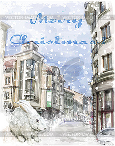 Bunny on city street. Christmas greeting card - vector image