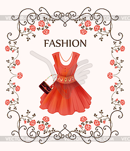 Vintage label with red dress - vector image