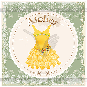 Vintage label with yellow dress decorated with roses - vector clipart / vector image