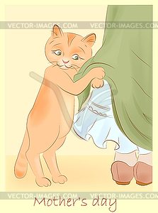 Vintage greeting card with cat holding girl - vector clipart