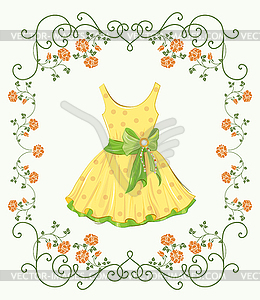 Vintage label with yellow dress and floral frame - vector clip art