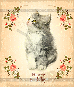 Happy birthday card with fluffy kitten. Imitation o - vector image