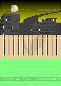 A fence made of boards in front of houses - vector clipart / vector image