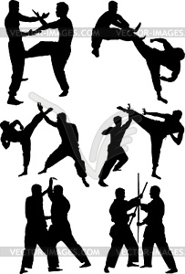 Sport karate man doing exercise - white & black vector clipart