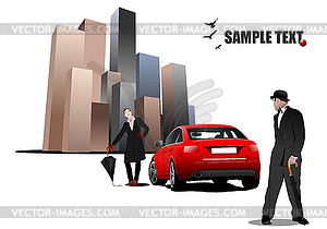 Gentleman and lady with umbrella on downtown - vector clipart