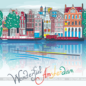 Amsterdam canal and typical houses - vector clipart