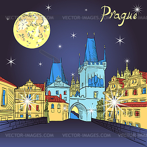 Charles Bridge in Prague (Czech Republic) at night - vector image