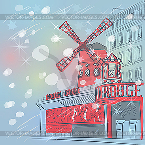 Sketch of cityscape with Moulin Rouge in Paris - vector image
