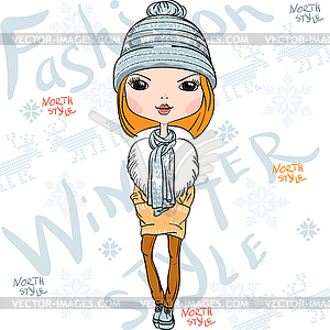 Beautiful fashion girl in winter - vector image