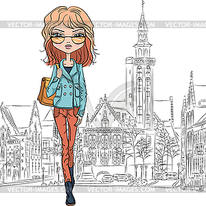 Beautiful fashion girl in Bruges - vector clip art