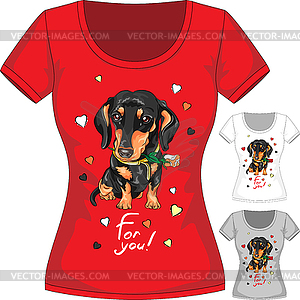 T-shirt with dachshund and flower - vector clipart