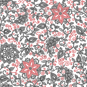 Бесшовные черный и красный цветочный узор - иллюстрация в векторном формате