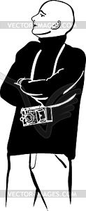 Эскиз лысый фотограф с старые камеры - клипарт в векторном виде