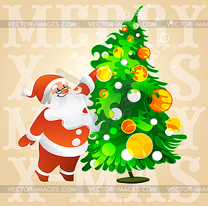 Santa Claus with glasses decorates Christmas tree - vector clipart