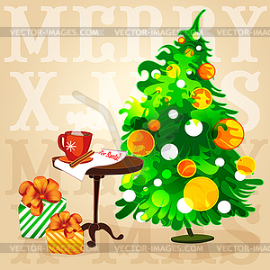 Christmas tree coffee on table and gifts in boxes - vector image