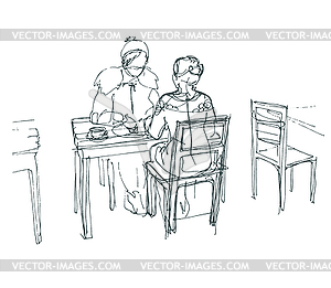 Two friends in cafe at table drinking tea coffee - vector clipart