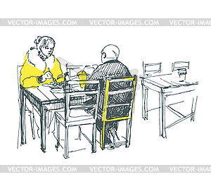 Sketch of couple having lunch - vector clip art