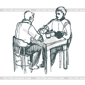 Эскиз человек разговаривал за обедом за столом в - рисунок в векторе