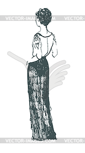 Sketch girl in dress view of back - vector clip art