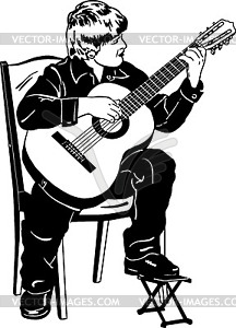 Sketch of boy playing music on guitar - white & black vector clipart