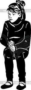 Sketch of girl sits and listens - white & black vector clipart