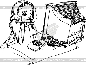 Young girl in front of monitor with mouse - vector image