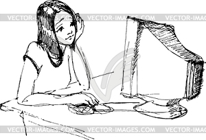 Young girl in front of monitor with mouse - vector image