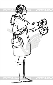 Sketch of girl in coat buys fruit - vector clipart