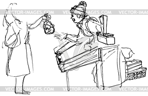 Sketch of woman at market buying apples - white & black vector clipart