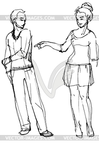 Sketch of woman pointing at man - vector image