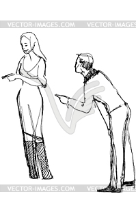 Sketch of man points finger at woman - vector clipart