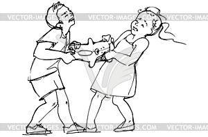 Sketch of boy and girl children are fighting over - vector image
