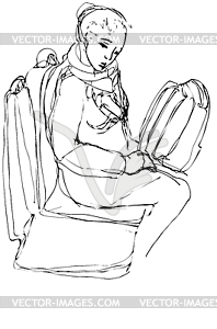 Sketch of woman with bag sitting on buss - vector image