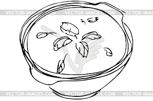 Эскиз тарелку супа с травами - изображение в векторном виде