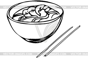 Эскиз китайской лапши с креветками и палочками - векторизованный клипарт