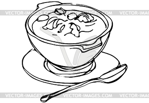 Bowl of soup with herbs and spoon lying next - vector clip art