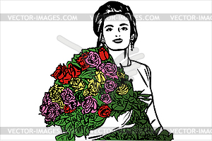 Sketch of beautiful girl with bouquet of roses - vector clipart