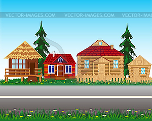 Village beside roads - vector image