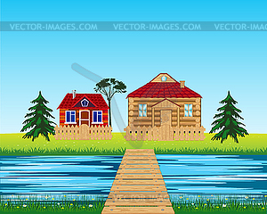 Bridge through river in village - vector clip art